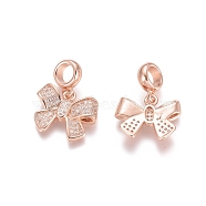 Brass Micro Pave Cubic Zirconia European Dangle Charms, Large Hole Pendants, Bowknot, Clear, Rose Gold, 23mm, Bowknot: 13.5x17x3.5mm, Hole: 5mm(X-ZIRC-E163-15RG)