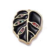 Ion Plating(IP) 304 Stainless Steel Enamel Pendants, Colorful Rhinestone Leaf Charms, Golden, 20.5x15.6x1.9mm, Hole: 1.2mm(STAS-E187-11G)
