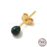 Enamel Round Ball Stud Earrings, Golden 925 Sterling Silver Jewelry for Women, Dark Green, 14.5x3mm, Pin: 0.8mm(EJEW-C020-01G-04)