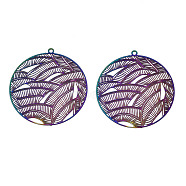 Ion Plating(IP) 201 Stainless Steel Filigree Pendants, Etched Metal Embellishments, Flat Round, Rainbow Color, 31.5x30x0.2mm, Hole: 1.2mm(X-STAS-S118-020)
