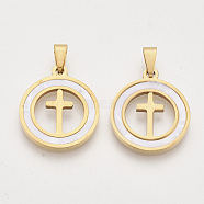 201 Stainless Steel Pendants, with Shell and Random Size Snap on Bails, Flat Round with Cross, Golden, 23x20x2mm, Hole: 7~10x3~5mm(X-STAS-N089-62G)