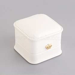 PU Leather Ring Gift Boxes, with Golden Plated Iron Crown and Velvet Inside, for Wedding, Jewelry Storage Case, White, 5.85x5.8x4.9cm(X-LBOX-L005-A03)