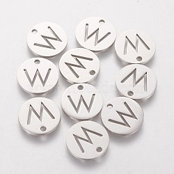 201 Stainless Steel Charms, Flat Round with Letter, Stainless Steel Color, Letter.W, 12x1mm, Hole: 1.5mm(STAS-Q201-T051-W)