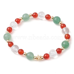 Christmas Theme Green Aventurine & Carnelian & Quartz Crystal Beaded Stretch Bracelets for Women, Round, Inner Diameter: 2-1/4 inch(5.6cm)(BJEW-TA00543)