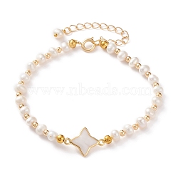 Natural White Shell Star Link Bracelets, with Natural Pearl Beads, Brass Beads and Spring Ring Clasps, Seashell Color, Golden, 7-5/8 inch(19.5cm)(BJEW-JB05780-02)