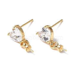 Brass Glass Rhinestone Stud Earrings Findings, with 925 Sterling Silver Pins Cup Peg Bails, Real 18K Gold Plated, Heart, Crystal, 16.5x6mm, Pin: 0.8mm(KK-B063-02G-01)