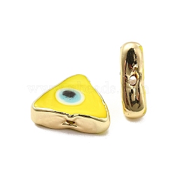 Brass Enamel Beads, Long-Lasting Plated, Real 18K Gold Plated, Triangle with Evil Eye Pattern, Yellow, 10~11.5x13~13.5x4~5mm, Hole: 1.6~1.8mm(KK-F842-03D)
