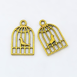 Metal Alloy Pendants, Lead Free and Cadmium Free, Antique Golden, Bird in Cage, 19x12x2mm, hole: 2mm(X-PALLOY-A15345-AG)