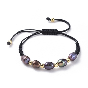 Braided Bead Bracelets, with Natural Cultured Freshwater Pearl Beads, Brass Beads and Nylon Thread, Black, 1-1/8 inch~2-7/8 inch(3~7.8cm)