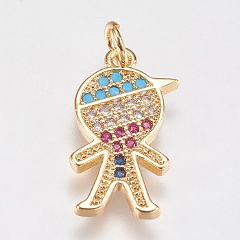 Brass Micro Pave Cubic Zirconia Pendants, Boy, Golden with Mixed Color C.Z, 18.5x11.5x1.5mm, Hole: 2.5mm