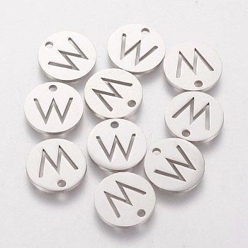 201 Stainless Steel Charms, Flat Round with Letter, Stainless Steel Color, Letter.W, 12x1mm, Hole: 1.5mm
