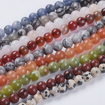 Natural Mixed Gemstone Beads Strands, Round, 6mm, Hole: 1mm, about 65pcs/strand, 15.5 inch