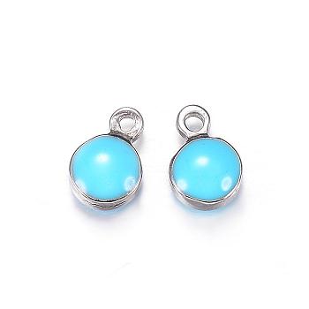 304 Stainless Steel Enamel Charms, Enamelled Sequins, Flat Round, Deep Sky Blue, 7x4.5x3mm, Hole: 1mm