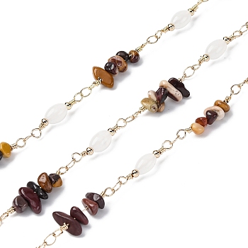 Brass Link Chains, with Glass & Tiger Eye Beads, Long-Lasting Plated, Soldered, with Spool, Golden, 20x4.5mm, about 16.40 Feet(5m)/Roll