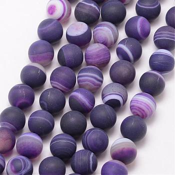 Natural Striped Agate/Banded Agate Bead Strands, Round, Grade A, Frosted, Dyed & Heated, Indigo, 8mm, Hole: 1mm, about 47pcs/strand, 15 inch