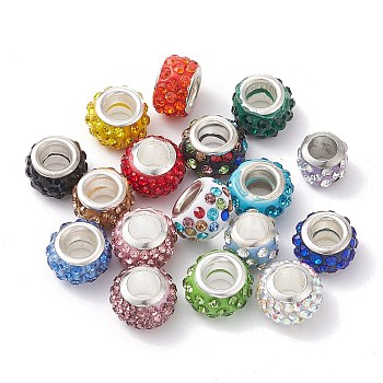 Rondelle Polymer Clay Rhinestone, European Large Hole Beads, Mixed Color, 9~11x7.5mm, Hole: 4.7~4.9mm