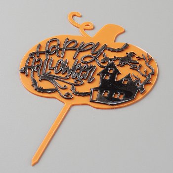 Acrylic Pumpkin Halloween Word Cake Insert Card Decoration, with Self Adhesive, for Halloween Cake Decoration, Orange, 155x90x1mm