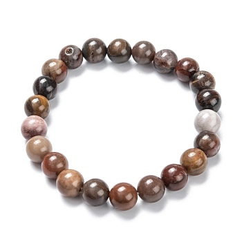 Natural Petrified Wood Stretch Beaded Bracelets, Round, Inner Diameter: 2-1/8 inch(5.5cm), Beads: 8~9mm