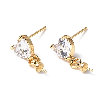 Brass Glass Rhinestone Stud Earrings Findings, with 925 Sterling Silver Pins Cup Peg Bails, Real 18K Gold Plated, Heart, Crystal, 16.5x6mm, Pin: 0.8mm
