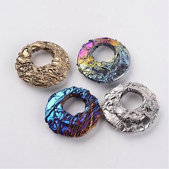 Electroplated Natural Dragon Bone Stone Pendants, Flat Round, Mixed Color, 47~50x11~12mm, Hole: 18~20mm