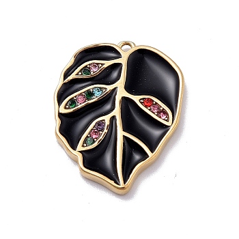 Ion Plating(IP) 304 Stainless Steel Enamel Pendants, Colorful Rhinestone Leaf Charms, Golden, 20.5x15.6x1.9mm, Hole: 1.2mm