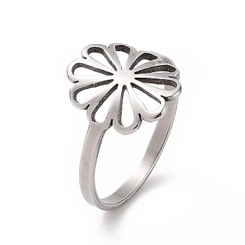 201 Stainless Steel Flower Finger Ring, Hollow Wide Ring for Women, Stainless Steel Color, US Size 6 1/2(16.9mm)
