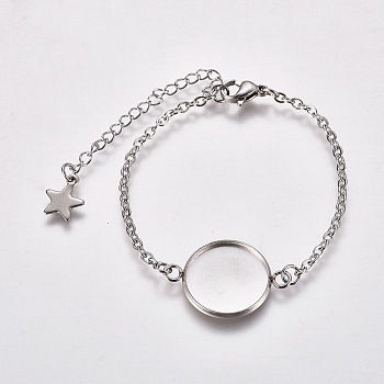 304 Stainless Steel Bracelet Making, with Lobster Claw Clasps, Cable Chains and Flat Round Cabochon Settings, Stainless Steel Color, Tray: 14mm, 5-1/2 inch(14cm)