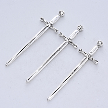 Tibetan Style Alloy Cabochons, Long Swords, Cadmium Free & Lead Free, for Crafting, Jewelry Making, Antique Silver, 85x24x4mm, about 100pcs/500g
