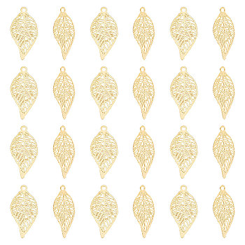 40Pcs Rack Plating 201 Stainless Steel Filigree Pendants, Etched Metal Embellishments, Nickel Free, Leaf, Real 18K Gold Plated, 19x10x0.4mm, Hole: 1.2mm