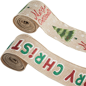2 Rolls 2 Styles Christmas Printed Linen Ribbon, for Gift Wrapping, Party Decoration, Word Merry Christmas & Christmas Tree Pattern, Peru, Mixed Patterns, 2-1/2 inch(63mm), about 5.47 Yards(5m)/Bag, 1 roll/style