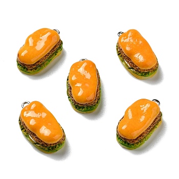 Opaque Resin Pendants, with Platinum Tone Iron Loops, Imitation Food, Hot Dog, Orange, 25.5x14x9.5~10mm, Hole: 2mm