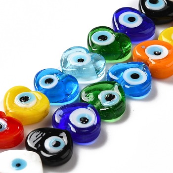 Handmade Evil Eye Lampwork Beads Strands, Heart, Colorful, 11.5x14x4.5mm, Hole: 1.2mm, about 28pcs/strand, 12.40''(31.5cm)