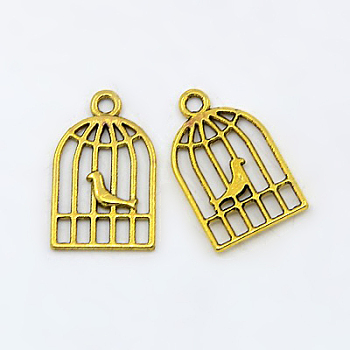 Metal Alloy Pendants, Lead Free and Cadmium Free, Antique Golden, Bird in Cage, 19x12x2mm, hole: 2mm