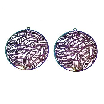 Ion Plating(IP) 201 Stainless Steel Filigree Pendants, Etched Metal Embellishments, Flat Round, Rainbow Color, 31.5x30x0.2mm, Hole: 1.2mm