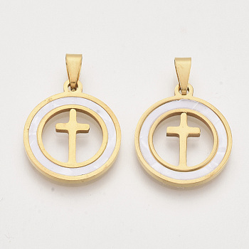201 Stainless Steel Pendants, with Shell and Random Size Snap on Bails, Flat Round with Cross, Golden, 23x20x2mm, Hole: 7~10x3~5mm