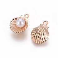 Alloy Enamel Pendants, with Acrylic Pearl Beads, Shell, Light Gold, Light Salmon, 15x11.5x7mm, Hole: 1.4mm(PALLOY-F224-03G-04)