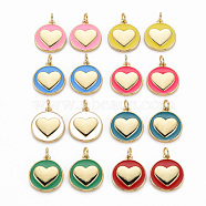 Brass Enamel Pendants, with Jump Rings, Real 16K Gold Plated, Nickel Free, Flat Round with Heart, Mixed Color, 17x15x3mm, Jump Ring: 5x1mm, 3mm inner diameter(KK-Q252-020-NF)