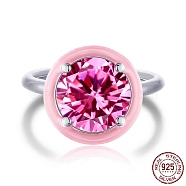 Rhodium Plated 925 Sterling Silver Rings, Birthstone Ring, Real Platinum Plated, with Enamel & Cubic Zirconia for Women, Flat Round, Pink, 1.8mm, US Size 7(17.3mm)(RJEW-A019-44B-01P)
