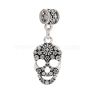 Tibetan Style Alloy European Dangle Charms, Large Hole Beads, Skull, Antique Silver, 36mm, Hole: 5mm, Pendant: 23x13x2mm(PALLOY-H170-07AS)
