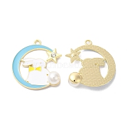 Alloy Enamel Pendants, with ABS Imitation Imitation Pearls and Rhinestone, Golden, Moon with Rabbit, Sky Blue, 33.5x30.5x9mm, Hole: 2.5mm(ENAM-D046-40G-01)