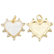 Brass Micro Pave Clear Cubic Zirconia Pendants, with Jump Rings and Shell, Enamel, Real 18K Gold Plated, Nickel Free, Heart, White, 15.5x15.5x3mm, Jump Ring: 5x1mm, 3mm inner diameter(KK-N227-99D)