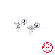 Rhodium Plated 925 Sterling Silver Micro Pave Cubic Zirconia Flower Stud Earrings, with Natural Pearl and 925 Stamp, Platinum, 6mm(CX0038-1)