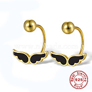 925 Sterling Silver Stud Earrings, with Enamel and 925 Stamp, Wing, Real 18K Gold Plated, Wing: 4.5x12mm(BX2435-2)
