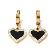 Resin Heart Dangle Hoop Earrings with Crystal Rhinestone, Ion Plating(IP) 304 Stainless Steel Jewelry for Women, Golden, Black, 31mm, Pin: 1mm(EJEW-P203-10G)