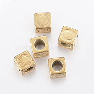 304 Stainless Steel Large Hole Letter European Beads, Horizontal Hole, Cube with Letter.O, Golden, 8x8x8mm, Hole: 5mm(STAS-H428-01G-O)