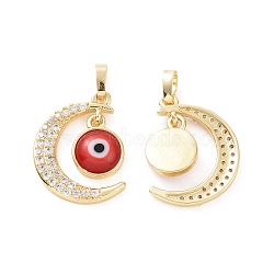 Brass Micro Pave Cubic Zirconia Pendants, with Handmade Evil Eye Lampwork, Crescent Moon Charm, Real 18K Gold Plated, Red, 23x16x4mm, Hole: 4x6mm(ZIRC-F136-06G-08)