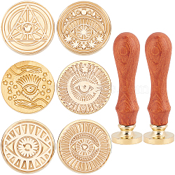DIY Scrapbook, Including 6Pcs Brass Wax Seal Stamp Heads and 2Pcs Pear Wood Handle, Evil Eye Pattern, Golden, Stamp Heads: 6pcs(DIY-CP0006-22)