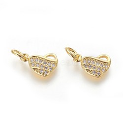 Brass Micro Pave Cubic Zirconia Charms, Lead Free & Cadmium Free, Clear, Heart, Golden, 10.5x7.5x1.5mm, Hole: 3mm(ZIRC-J021-16G-RS)