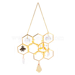 Natural Citrine Chip Pendant Decoration, Honeycomb Hanging Sun Catchers, Home Decoration, with Brass Finding and Glass Round Charm, Golden, 200x140mm(PW-WG65291-03)