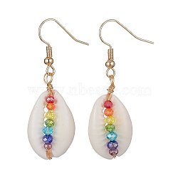 Natural Shell & Glass Dangle Earrings, Golden Brass Wire Wrap Earrings for Women, Colorful, 45x15~16mm(EJEW-JE05468)